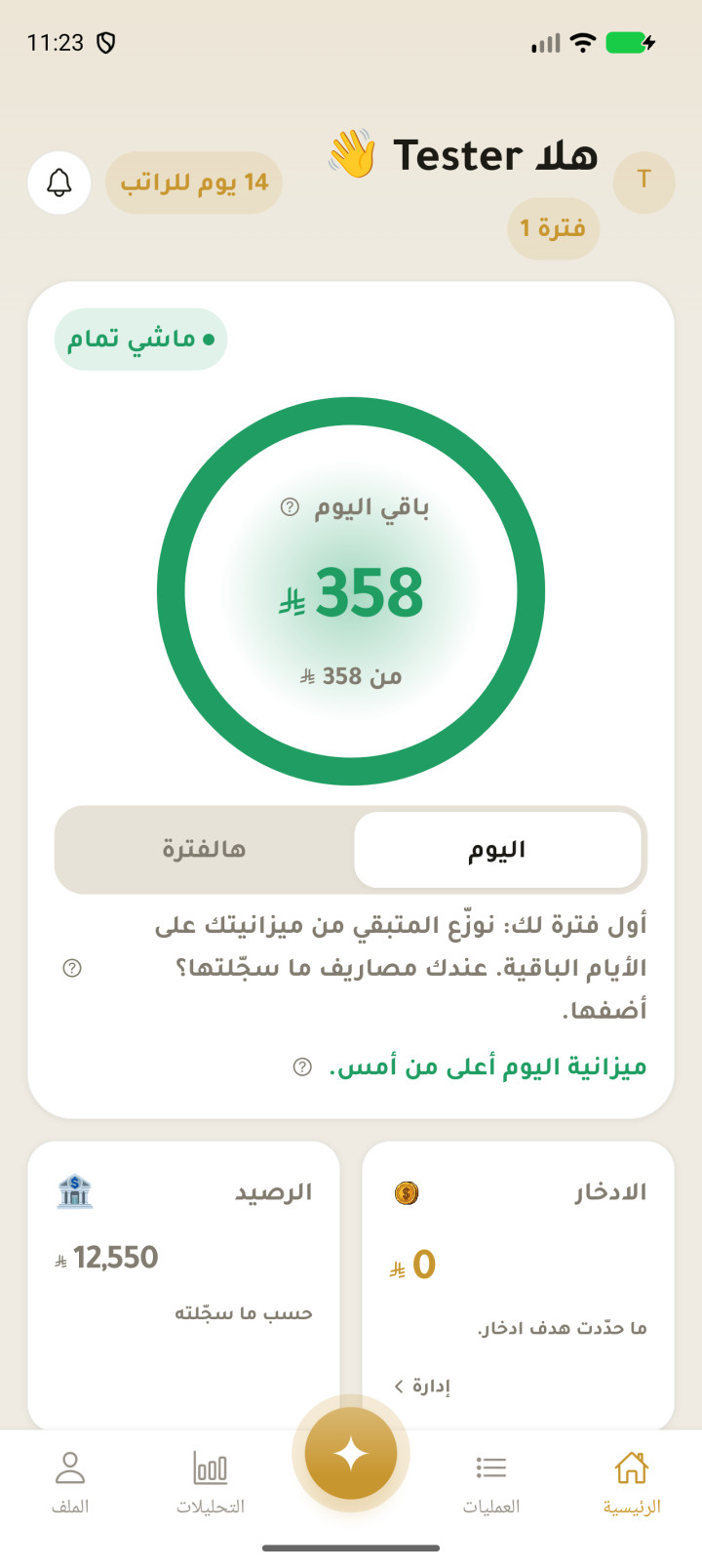 Qirsh’s Arabic home screen showing the daily budget, savings and recorded balance with example data